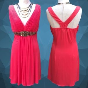 NWT Kimikal pleated V neckline dress with jeweled chain accent- M